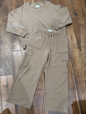 RISEN Los Angeles Taupe Crewneck Sweatsuit with Wide Legs